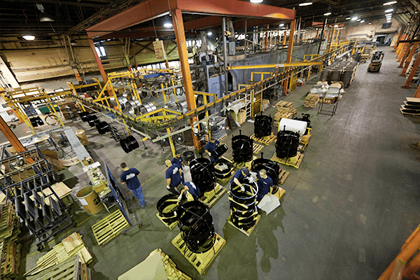 Overhead view of Jamestown Advanced Products paint line with fire rings in production